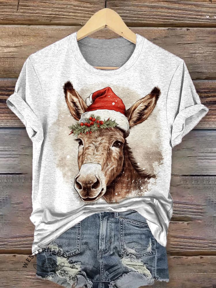 Vintage Christmas Donkey Art Print Casua T-shirt
