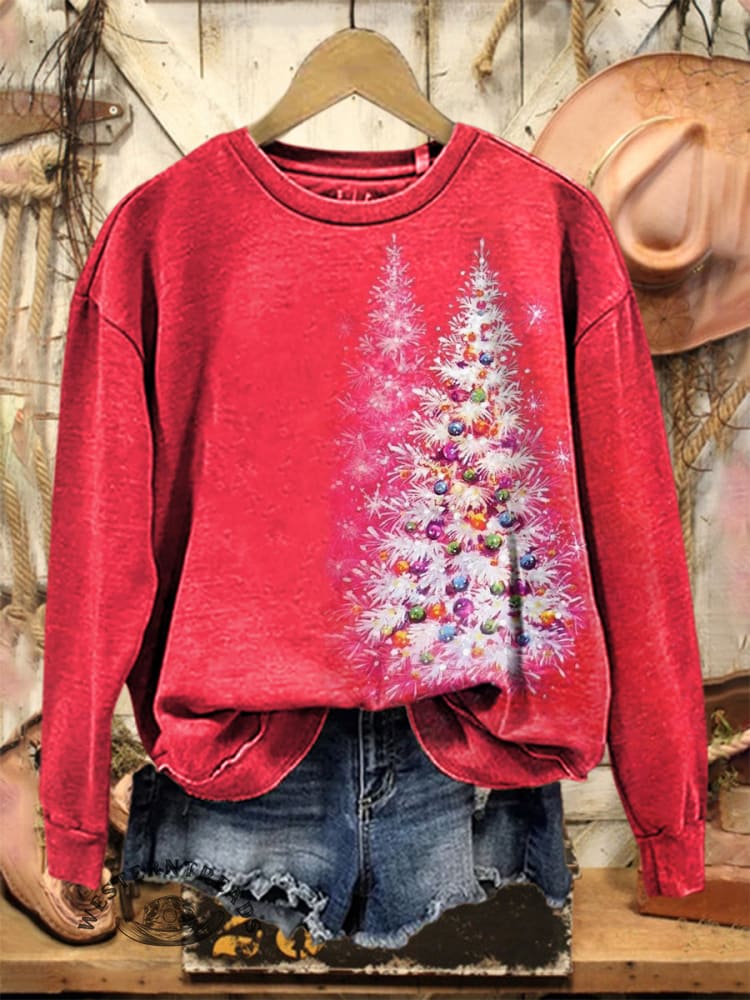 Retro Christmas Tree Art Print Casual Cotton Sweatshirt