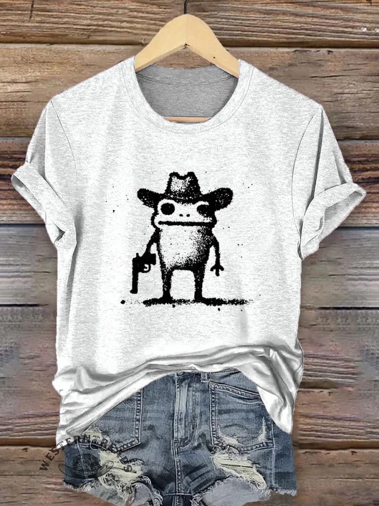 Weird Frog Cowboy Toad Western Revolver Print Short Sleeve T-shirt