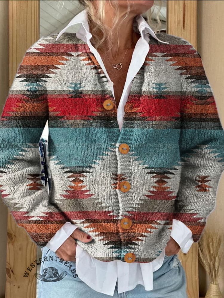Ethnic Aztec Vintage Flowers Print Buttoned Cardigan Sweater