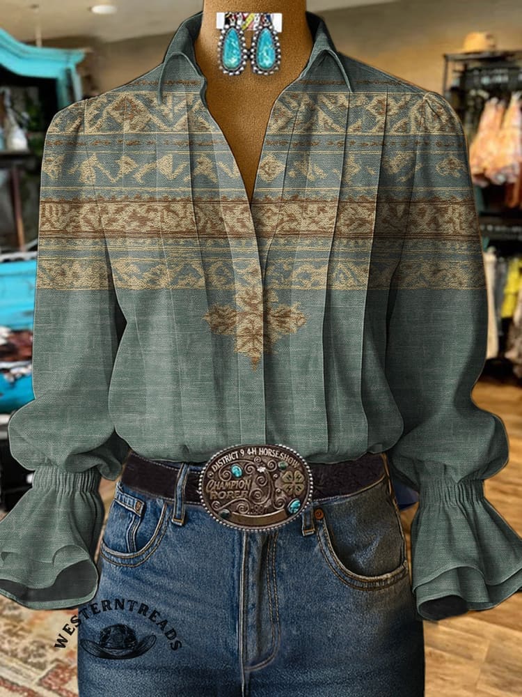 Women's Vintage Western Geometric Print V-neck Long Sleeve Linen Blend Casual Cotton Sweatshirt