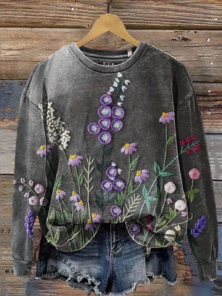 Vintage Flowers Print Casual Cotton Sweatshirt