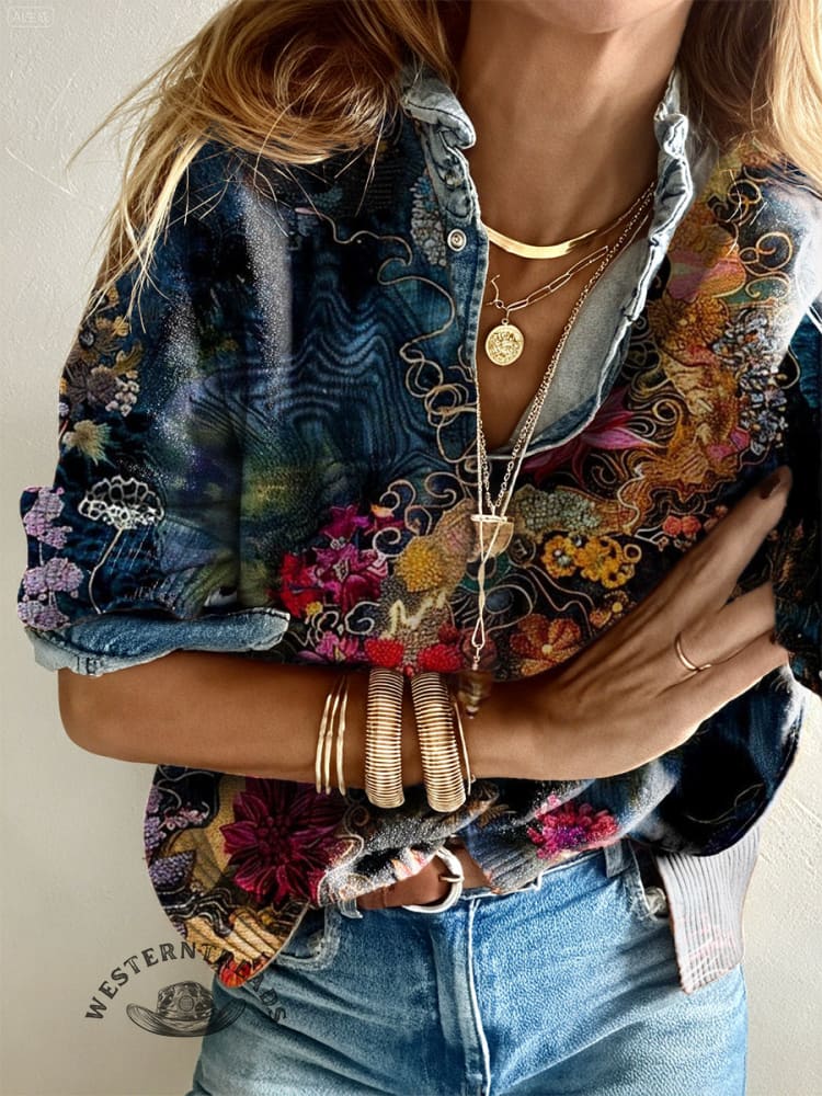 Women's Retro Flowers Print Casual Pullover Sweater