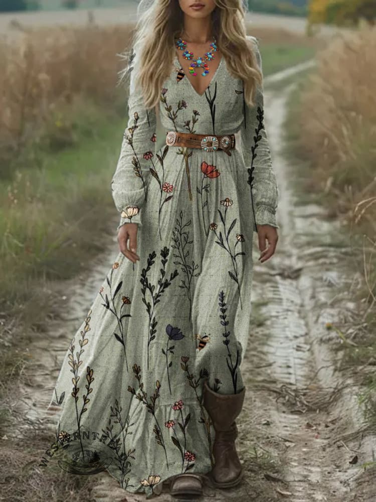 Women's Retro Flowers Print Pocket Cotton Dress