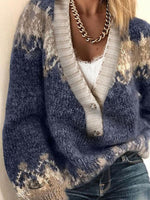 Women's Retro Ethnic Print Casual V-neck Pullover Knit Sweater