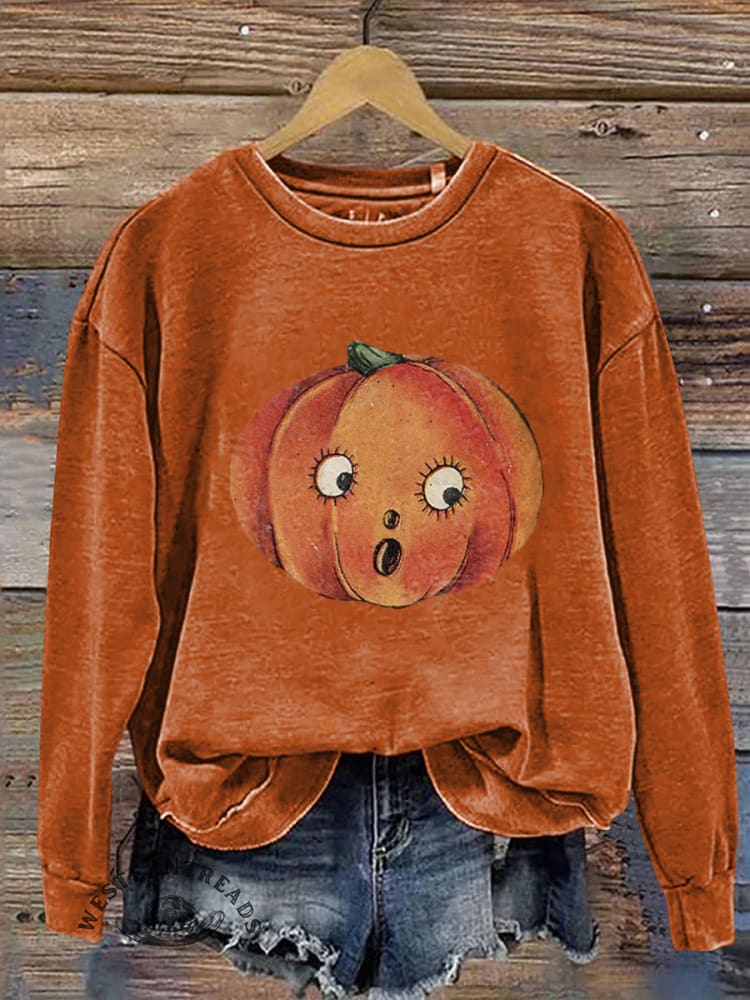 Vintage Fall Pumpkin Print Casual Cotton Sweatshirt