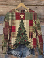 Vintage Christmas Tree Print Casual Cotton Sweatshirt