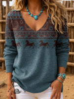 Women's Vintage Aztec Horse Art Print Casual Pullover Sweater