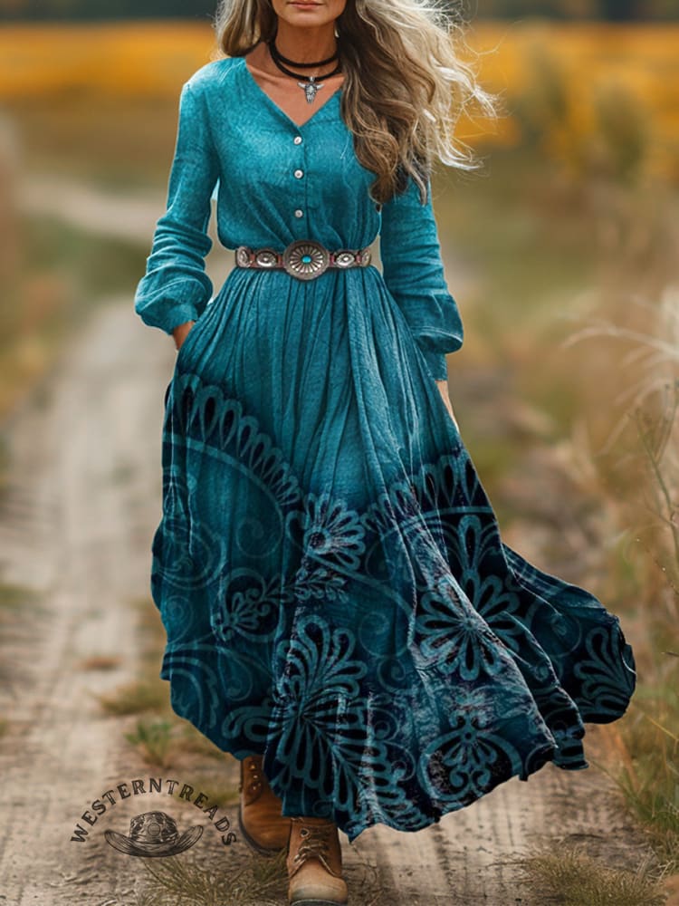 Women's Vintage Flowers Print V-Neck Button Pocket Cotton Dress