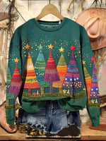Vintage Christmas Tree Print Casual Cotton Sweatshirt