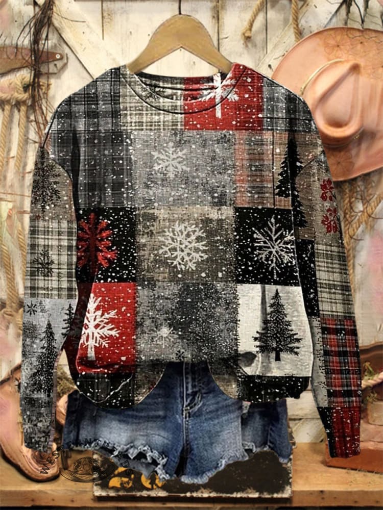 Vintage Christmas Tree Print Casual Cotton Sweatshirt