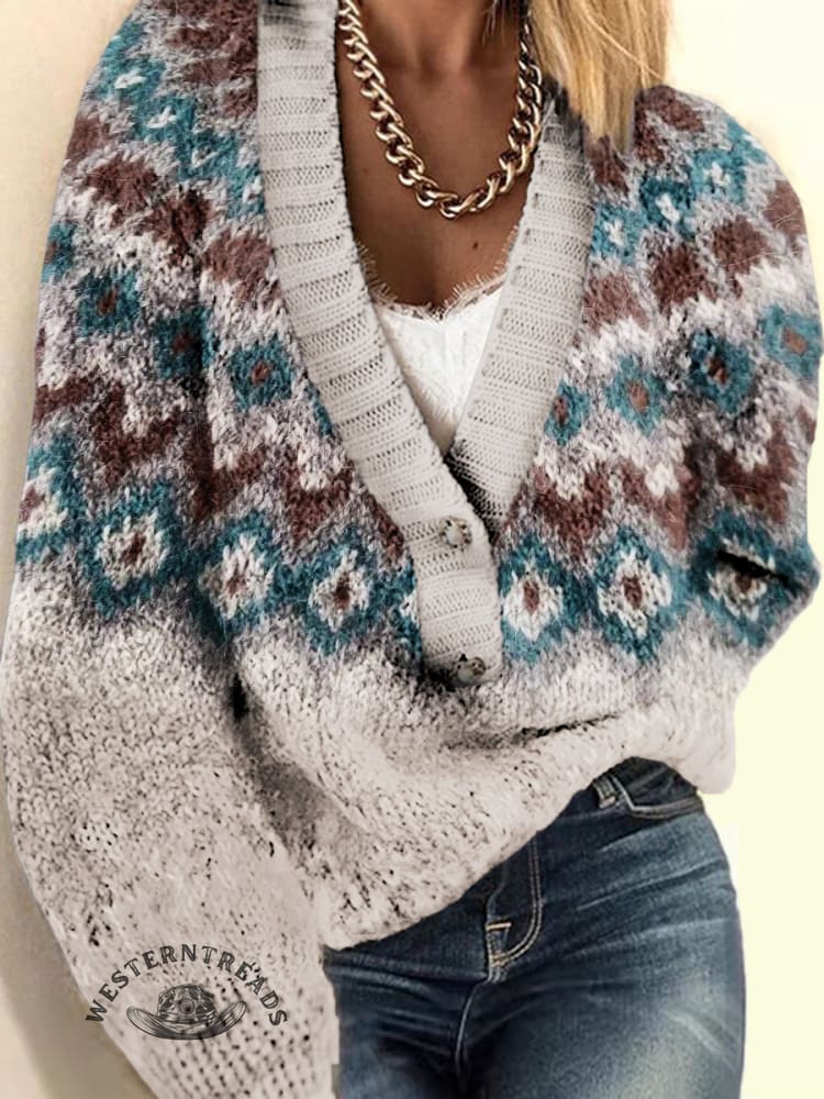 Women's Retro Ethnic Print Buttoned Cardigan Sweater