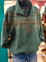 Women's Vintage Western Geometric Print V-neck Long Sleeve Linen Blend Casual Cotton Sweatshirt