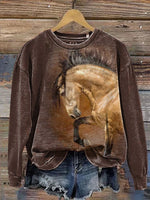 Retro Horse Pattern Print Casual Cotton Sweatshirt
