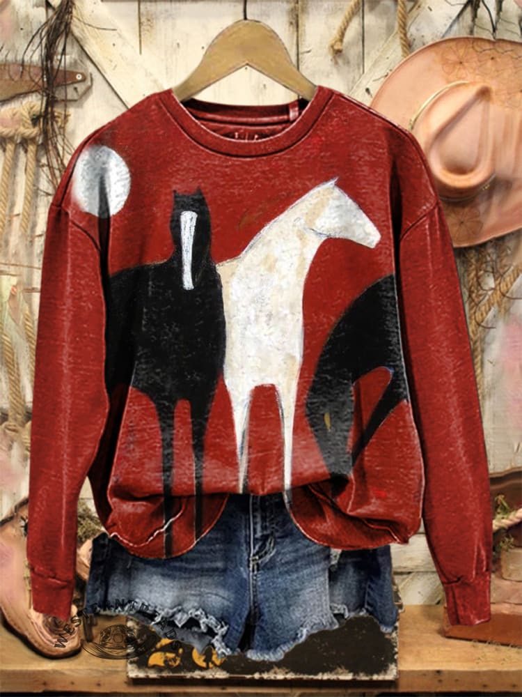 Vintage Horse Art Print Casual Cotton Sweatshirt