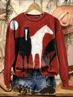 Vintage Horse Art Print Casual Cotton Sweatshirt