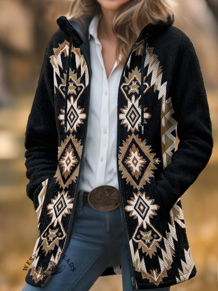 Vintage Aztec Art Print Unisex Plush Thick Long-Sleeved Cardigan Coat