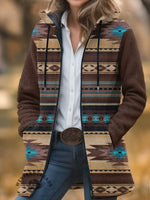 Vintage Aztec Art Print Unisex Plush Thick Long-Sleeved Cardigan Coat