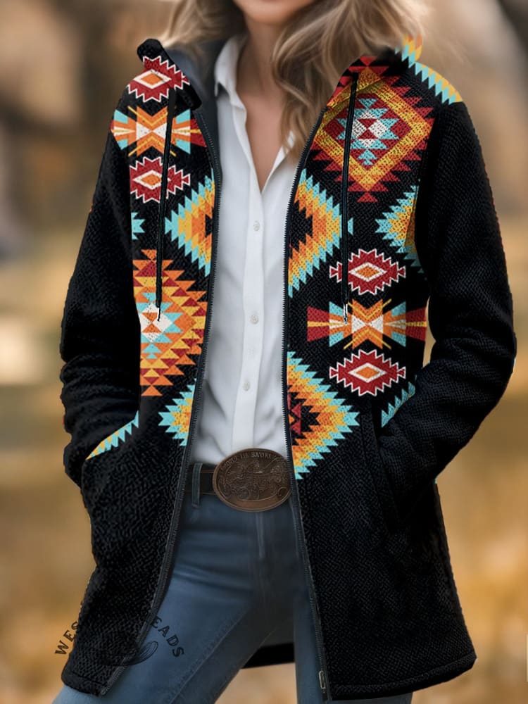 Vintage Aztec Art Print Unisex Plush Thick Long-Sleeved Cardigan Coat
