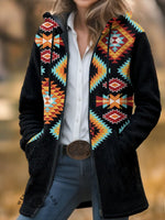 Vintage Aztec Art Print Unisex Plush Thick Long-Sleeved Cardigan Coat