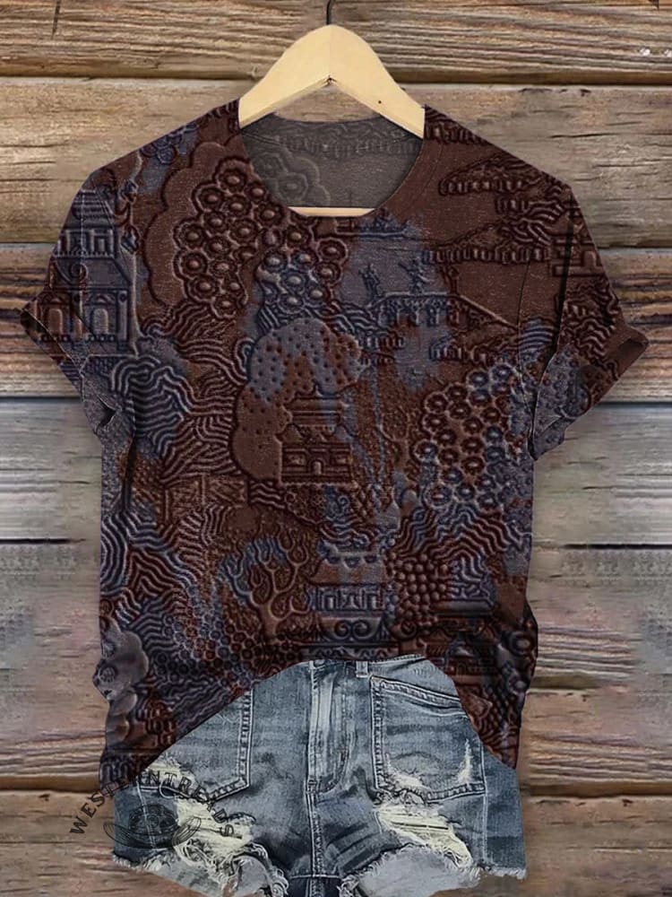 Western Retro Imitation Three-dimensional Printing Vision Print Casual T-shirt