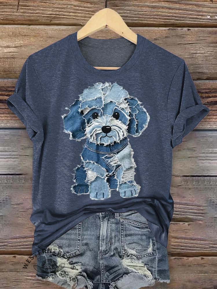 Cowboy Puppy Print Casual T-shirt