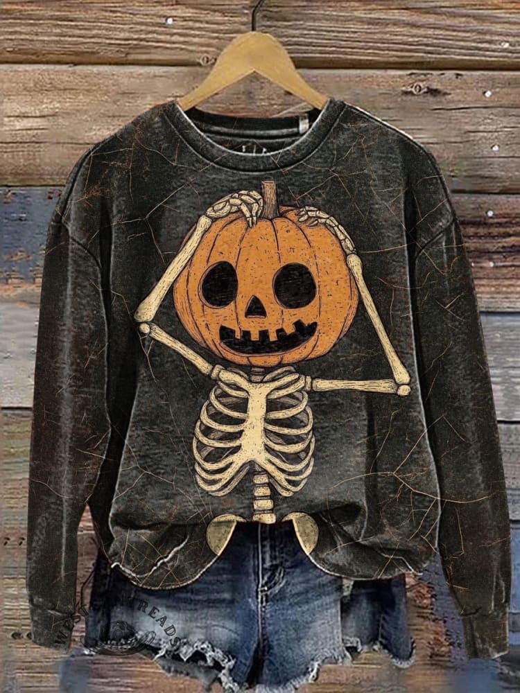 Halloween Cute Pumpkin Skull Prints Casual Cotton Sweatshirt