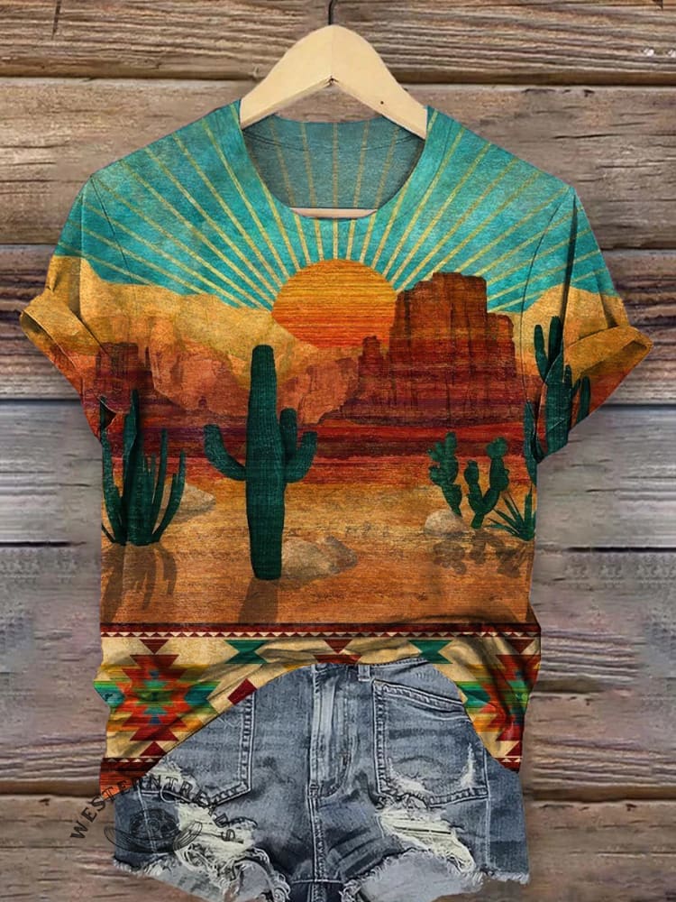 Western Sunrise Cactus Art Print T-shirt