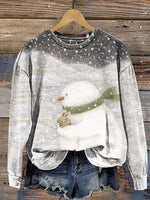 Snowman and Bunny Print Casual Cotton Sweatshirt