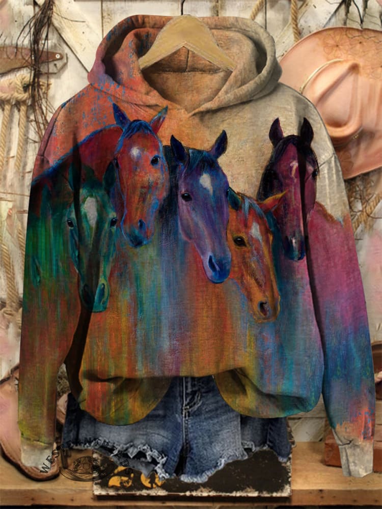 Oil Painting Style Colorful Horse Cotton Casual Hoodie Sweatshirt