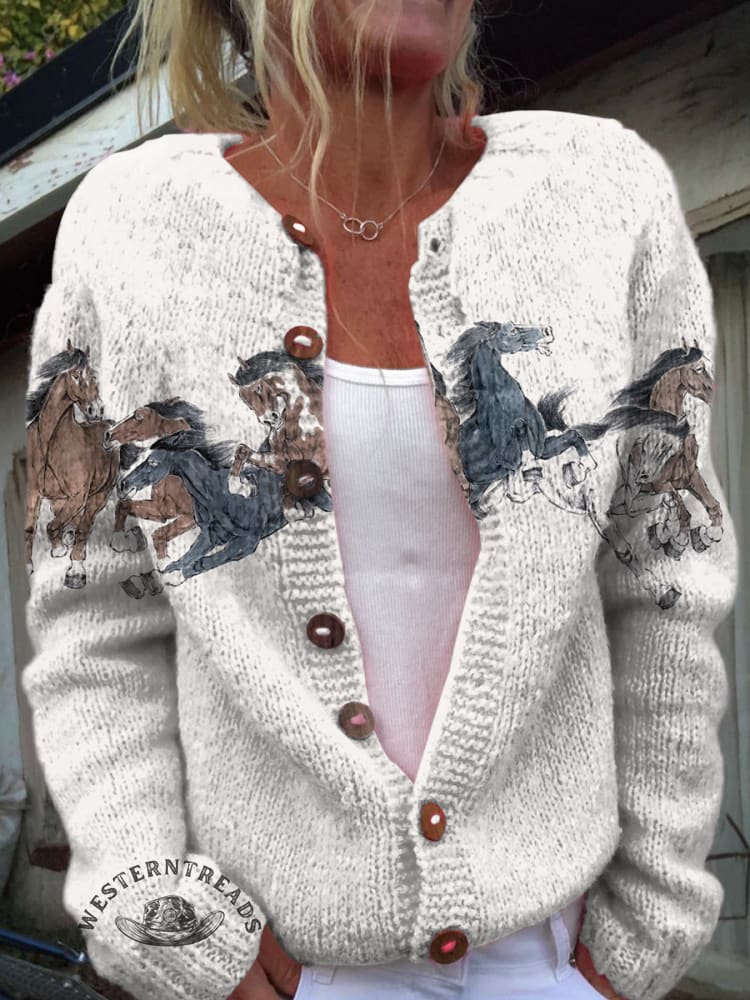 Horse Print Buttoned Cardigan Sweater