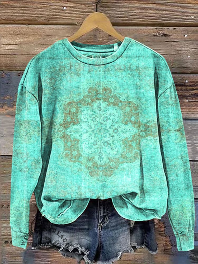 Turquoise Retro Pattern Casual Cotton Sweatshirt