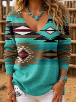 Women's Turquoise Aztec Print Casual Pullover Sweater