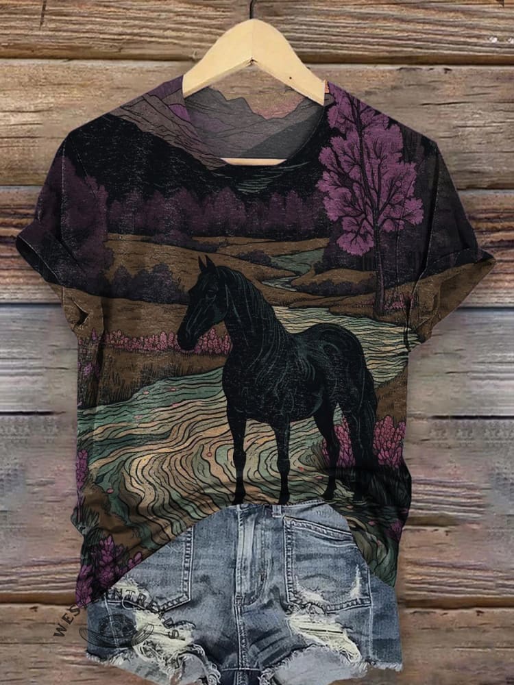 Retro Landscape and Black Horse T-shirt