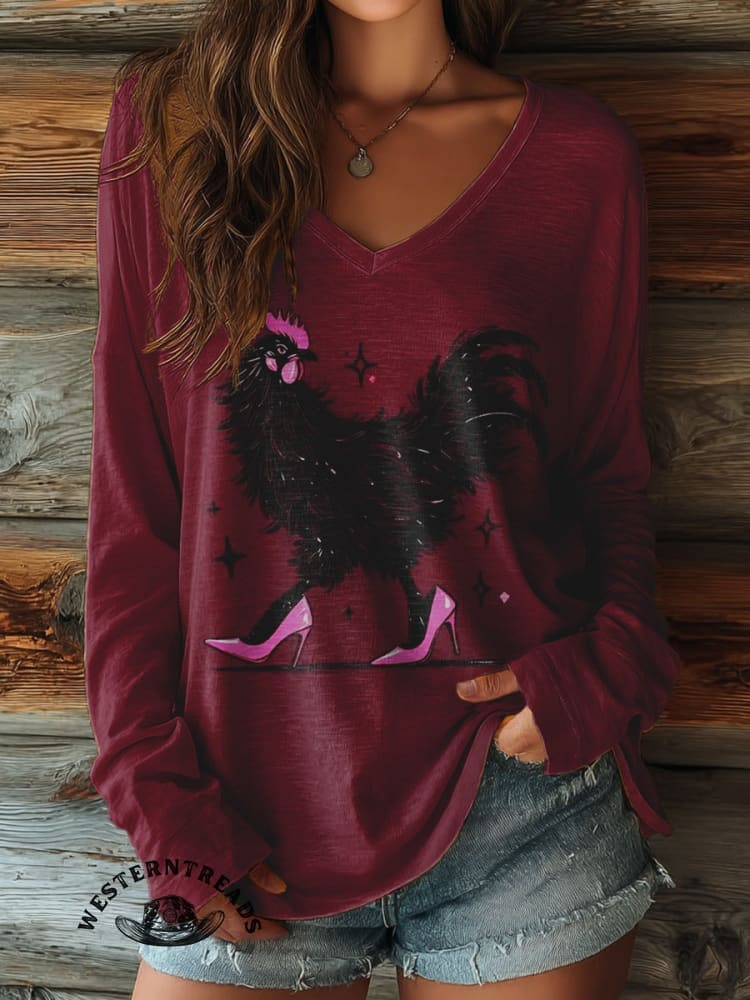 Chicken In High Heels Print Casual Cotton Sweatshirt