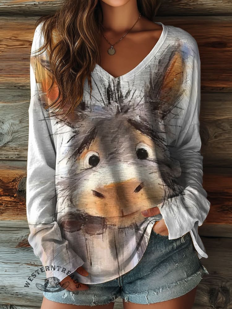 100% Cotton🍃Women's Funny Cute Donkey Print Casual V-neck Long Sleeve T-shirt