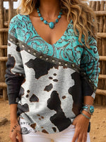 Turquoise Green Retro Pattern and Cow Pattern Splicing Women's Casual Pullover Sweater