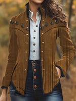 Brown Imitation Rivet Tassel Visual Print Casual Jacket