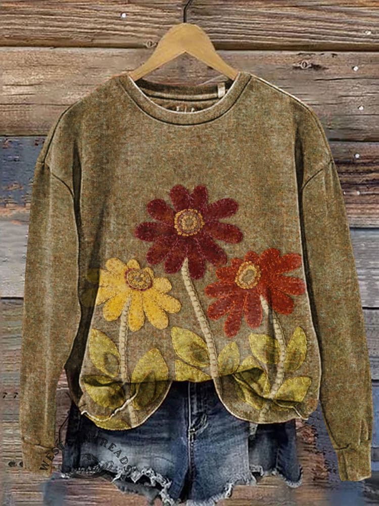 Imitation Fabric Embroidery Flowers Casual Cotton Sweatshirt