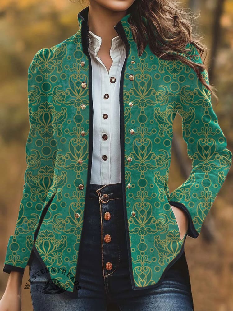 Women's Retro Green Flowers Print Casual Jacket