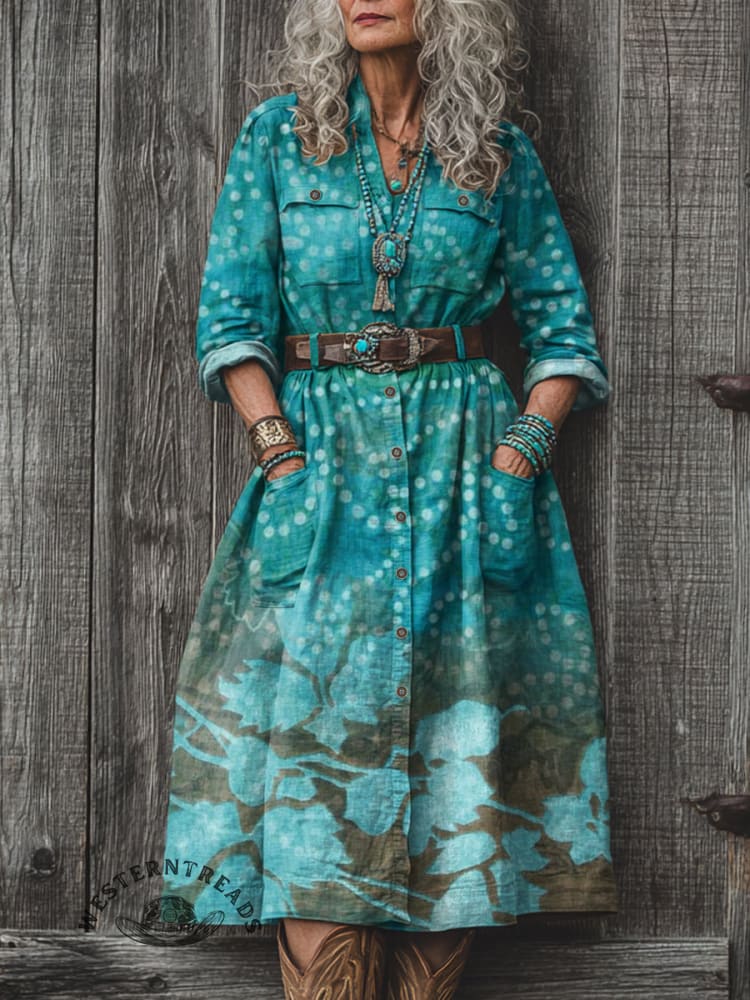 Women's Vintage Blue and Green Flower Art Print Dress