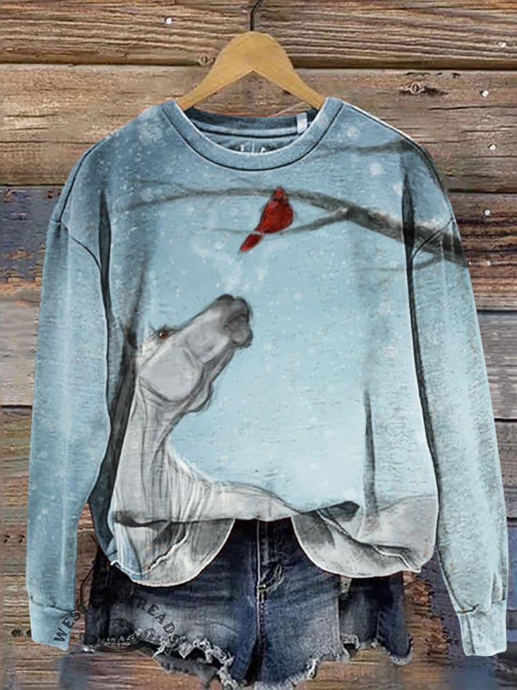 Snowy White Horse Casual Cotton Sweatshirt