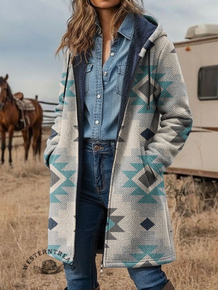 Retro Aztec Print Unisex Plush Thick Long-Sleeved Cardigan Coat