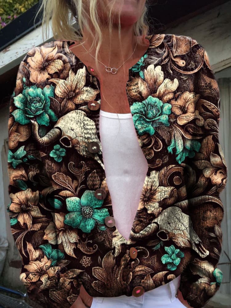Vintage Flowers and Skulls Print Buttoned Cardigan Sweater