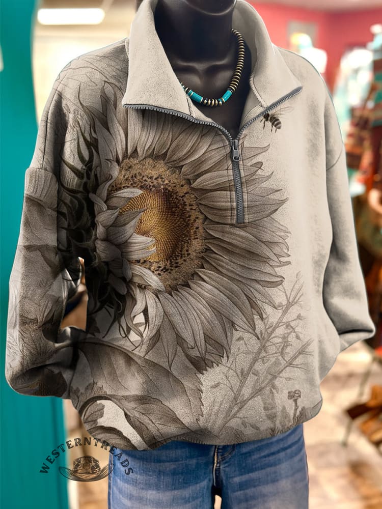 Retro Sun Flower Art Print Casual Long Sleeve Zip Sweatshirt