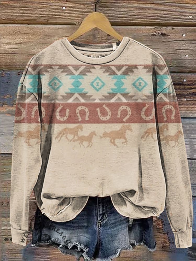 Retro Aztec and Galloping Horses Casual Cotton Sweatshirt