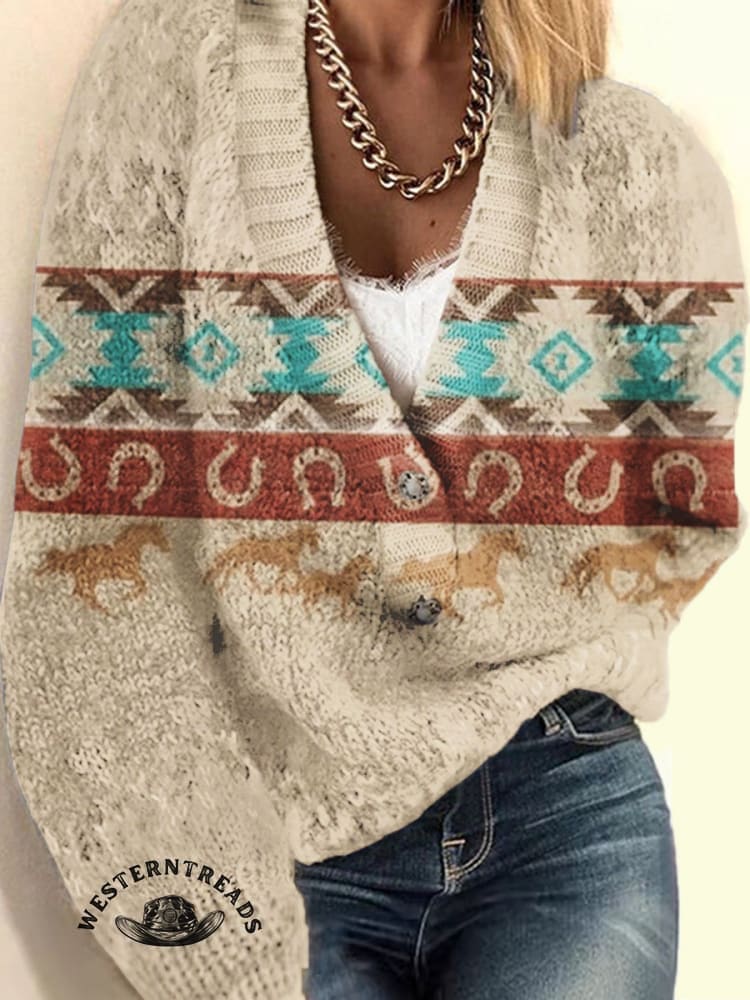 Retro Aztec and Galloping Horses Casual Cotton Sweatshirt