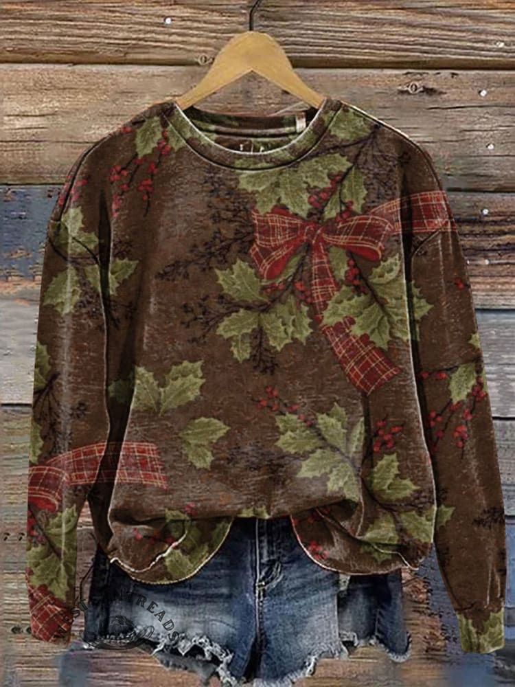 Vintage Christmas Bows and Leaves Claus Casual Cotton Sweatshirt