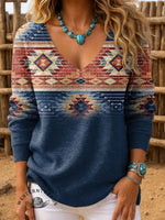 Retro Aztec Gradient Women's Casual V-neck Pullover Knit