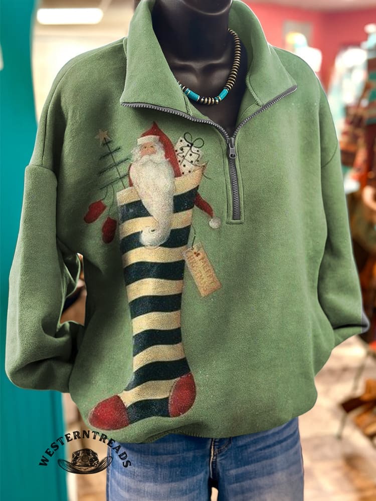 Vintage Socks and Santa Claus Casual Cotton Sweatshirt